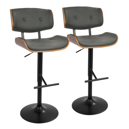 Barstool set of 2: mid-century modern adjustable swivel barstools in dark gray upholstery with wood trim on Tampa Home & Garden Store