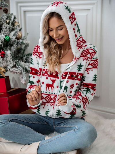 White drawstring Christmas zip-up hooded jacket with red-green pattern Stevvex on Tampa Home & Garden Store