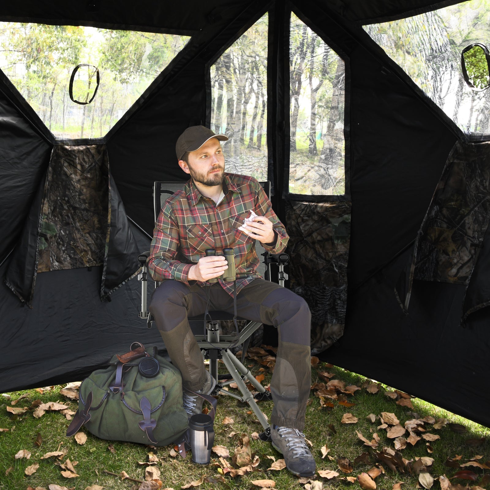 360 Degree Silent Swivel Hunting Chair-Black by GemGear inside camo blind with gear on Tampa Home & Garden Store
