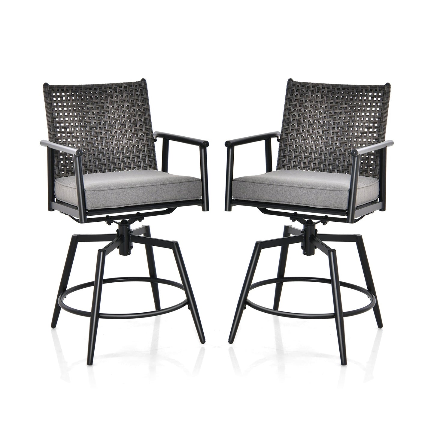 360 Degree Swivel Bar Stool Set of 2 with Metal Frame and PE Rattan Backrest-Black