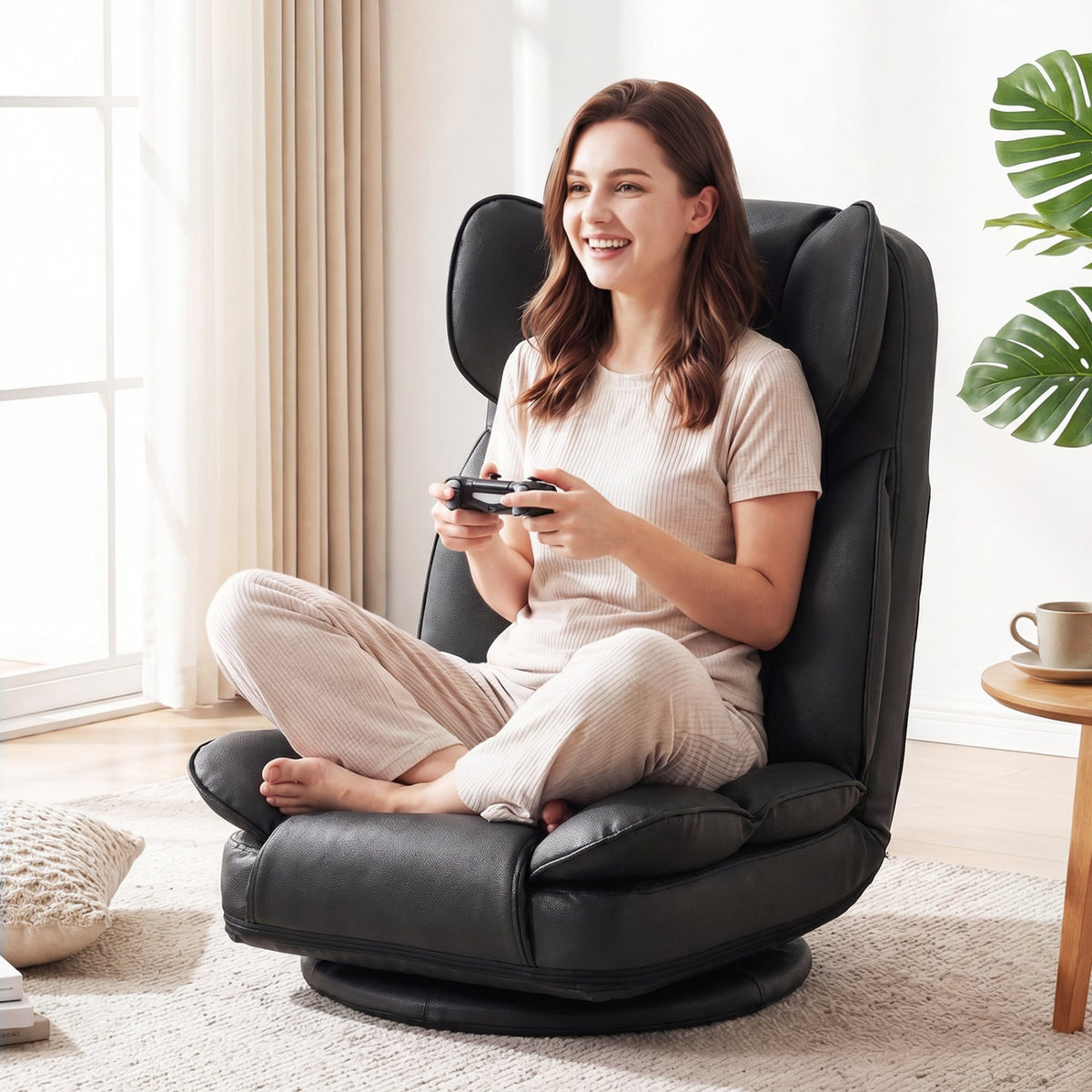360 Degree Swivel Floor Gaming Chair, 6-Position Backrest, sponge-filled cushions, black on Tampa Home & Garden Store