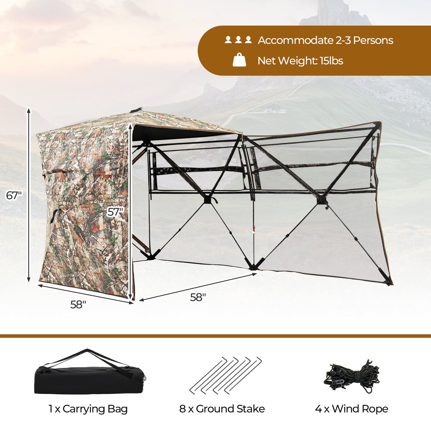 Puesto de caza con visibilidad unidireccional de 360° con bolsa de transporte portátil