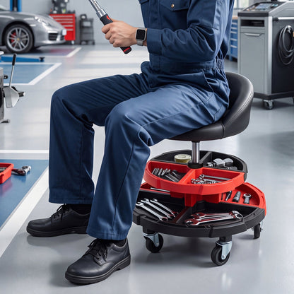 Rolling Mechanic Stool DirectDeals adjustable-height with tool trays in red and black on Tampa Home & Garden Store