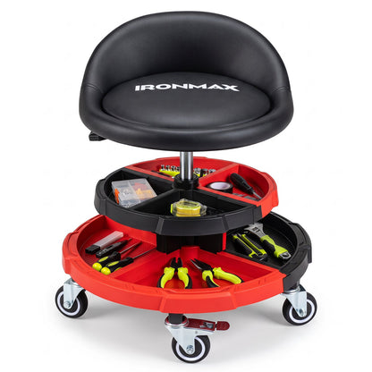 Rolling mechanic stool with IronMax black seat on a red tool cart with trays and wheels on Tampa Home & Garden Store