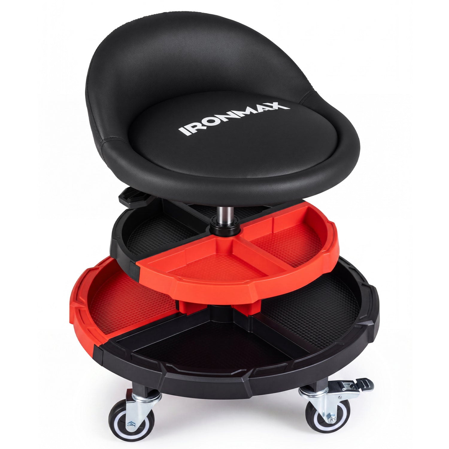 Rolling mechanic stool with adjustable height, black seat, Ironmax logo, red tool trays, 4 casters on Tampa Home & Garden Store