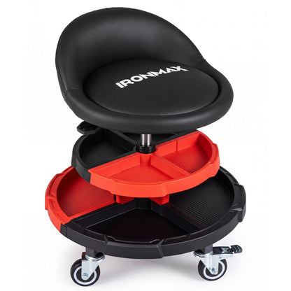 Rolling mechanic stool with adjustable height, black seat, Ironmax logo, red tool trays, 4 casters on Tampa Home & Garden Store