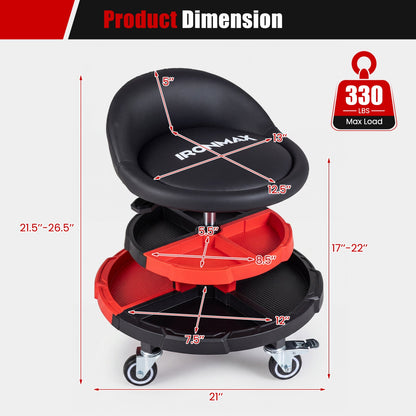 Rolling Mechanic Stool with adjustable height and tool trays, black seat on red base Ironmax on Tampa Home & Garden Store