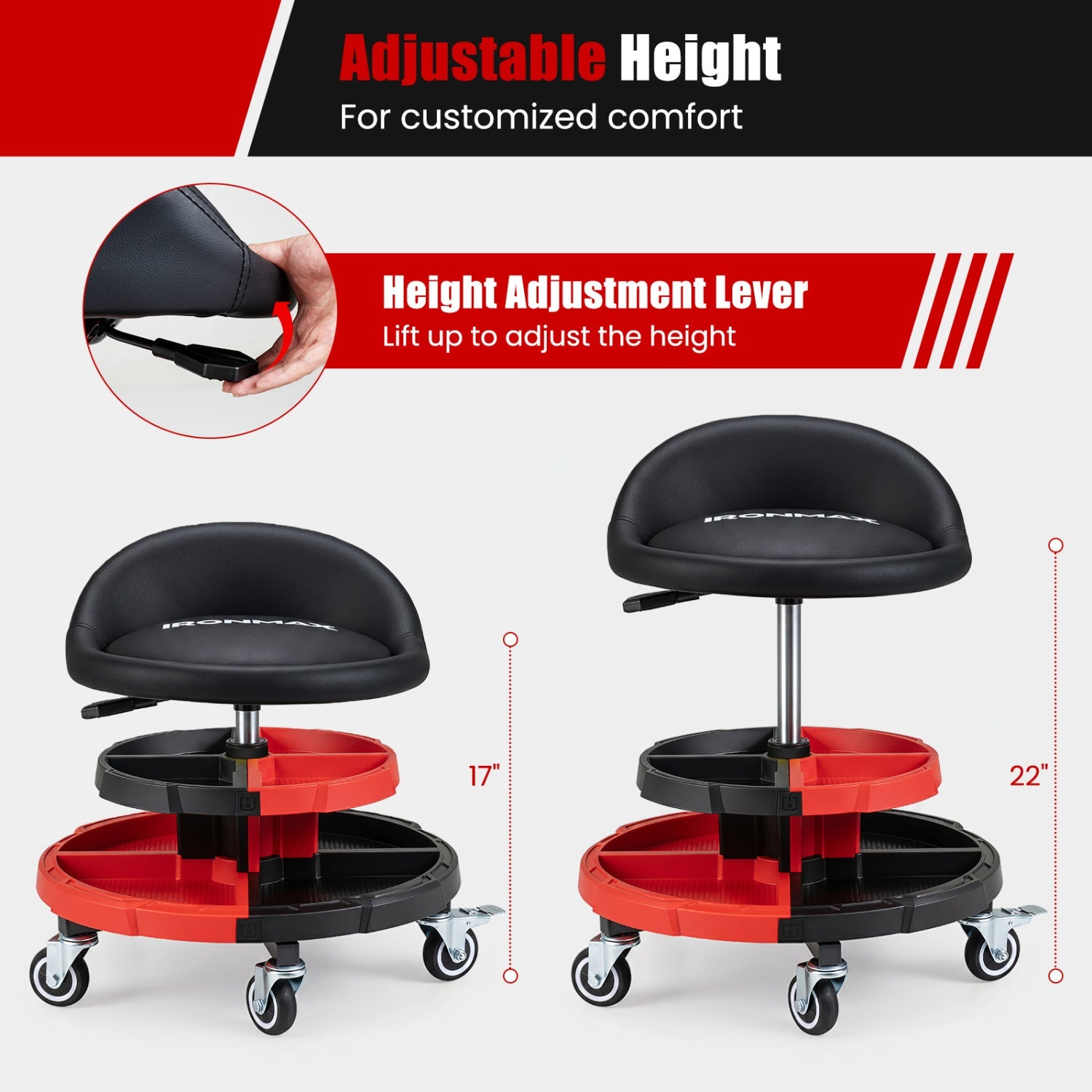 Rolling Mechanic Stool with adjustable height, black seat and red tool trays pair DirectDeals on Tampa Home & Garden Store