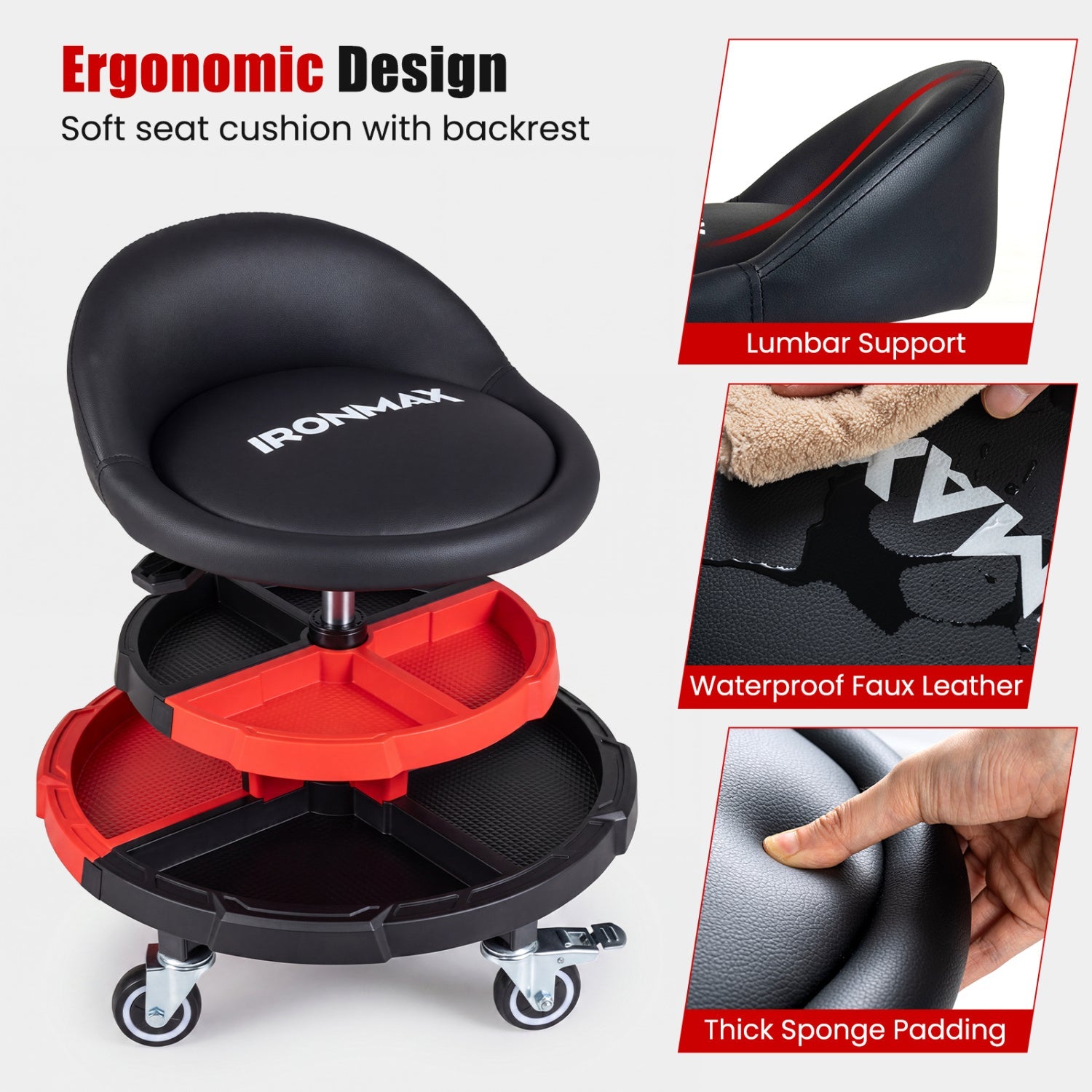 Rolling mechanic stool with adjustable height, black cushioned seat, red trays, DirectDeals on Tampa Home & Garden Store