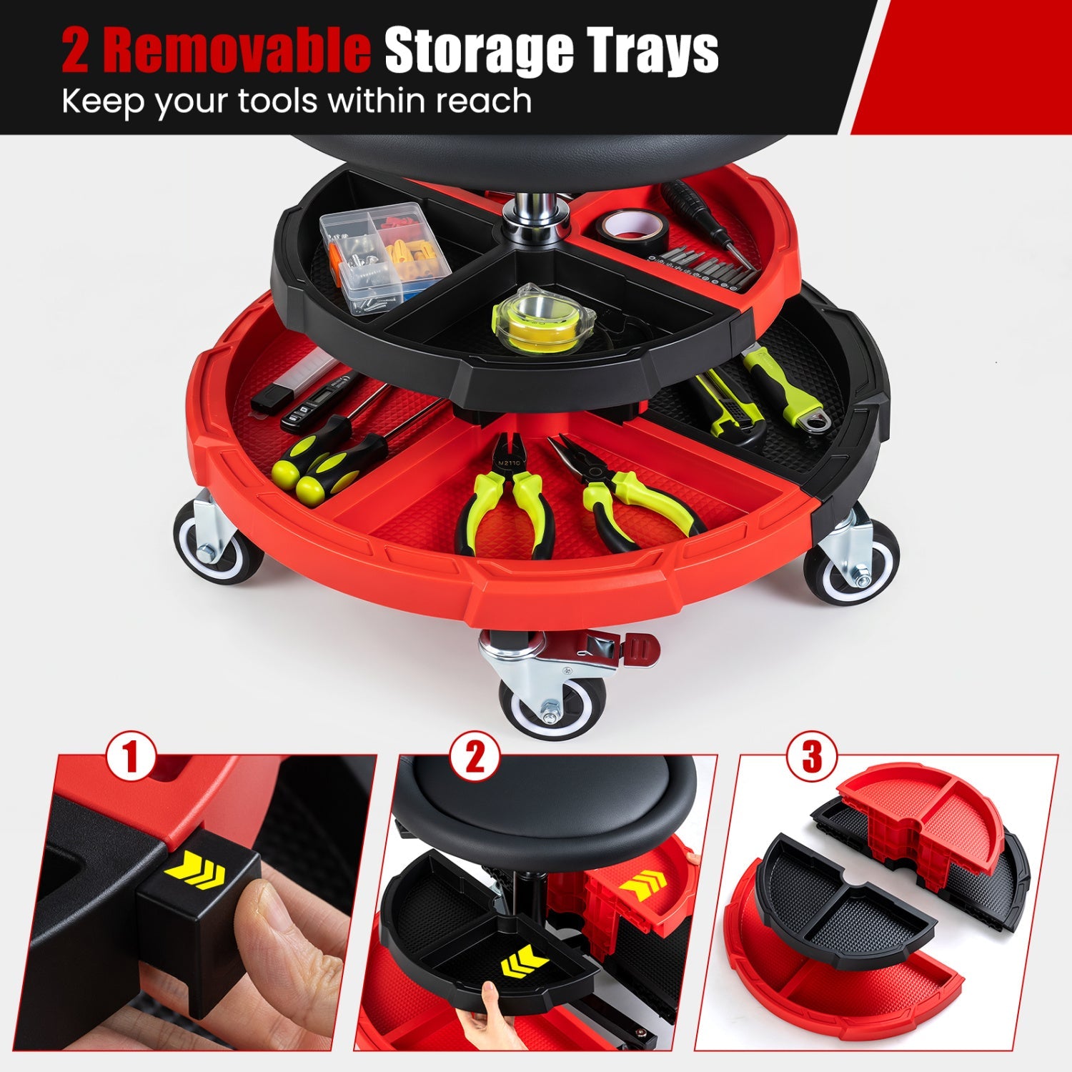 Rolling Mechanic Stool by DirectDeals with adjustable height and two removable storage trays on Tampa Home & Garden Store