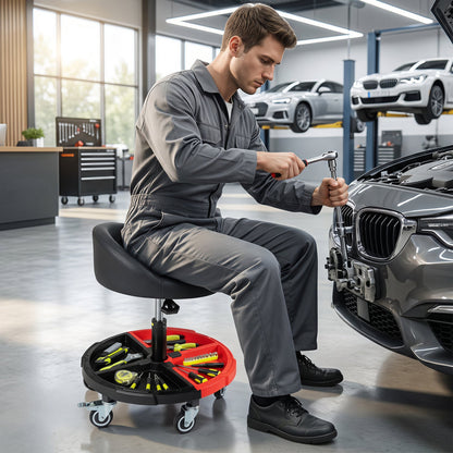 DirectDeals rolling mechanic stool with adjustable height and red tool tray, black seat on Tampa Home & Garden Store