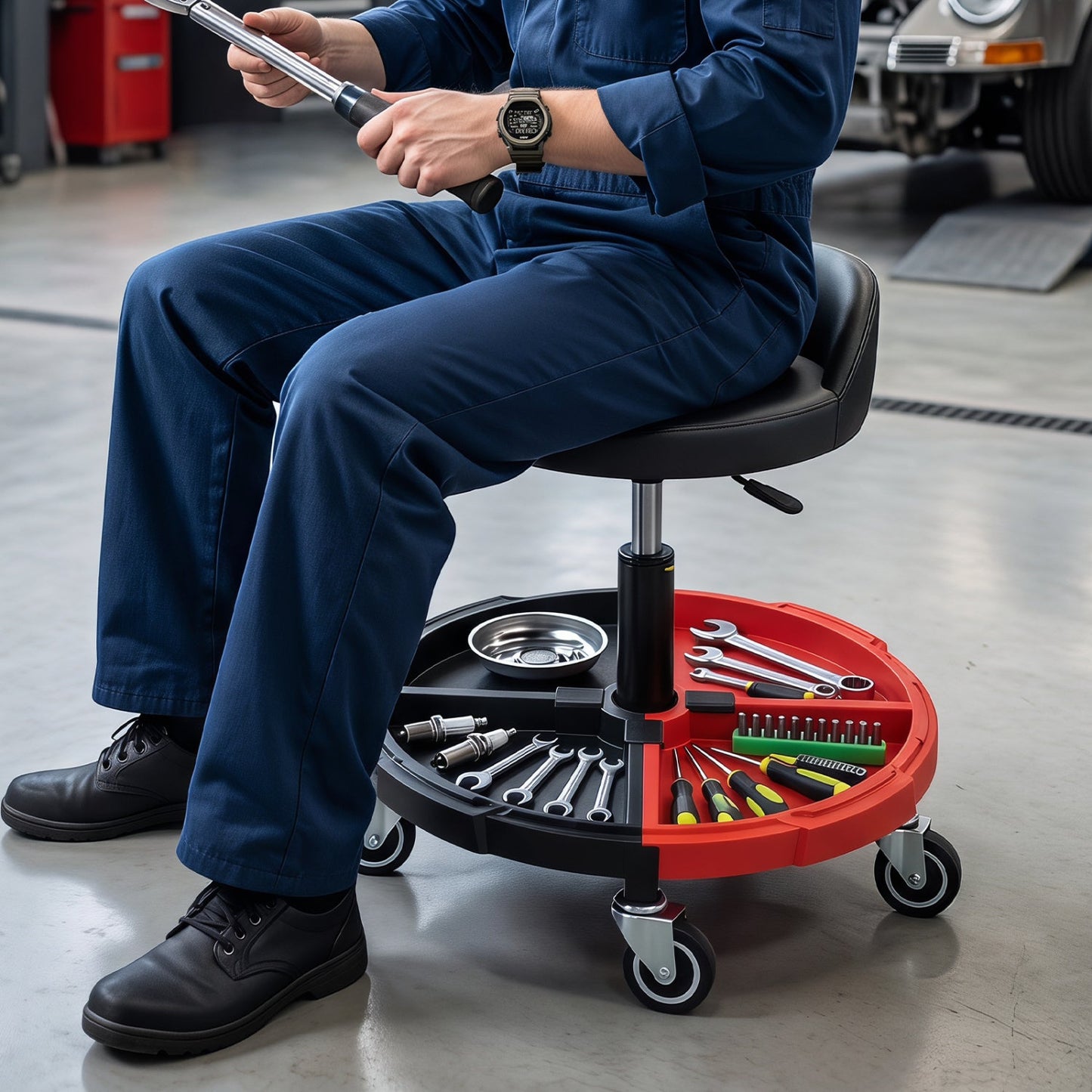 Rolling mechanic stool DirectDeals with adjustable height and tool tray, black seat, red base on Tampa Home & Garden Store