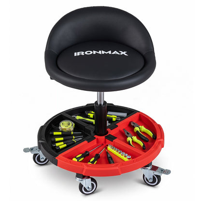 Rolling Mechanic Stool with Adjustable Height, black seat, IronMAX logo, red tool-tray base on Tampa Home & Garden Store