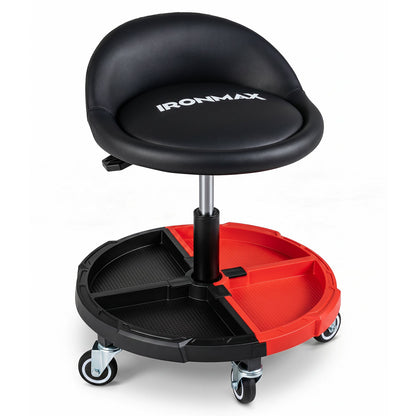 Rolling mechanic stool with adjustable height and tool tray IRONMAX seat, red wheeled base on Tampa Home & Garden Store