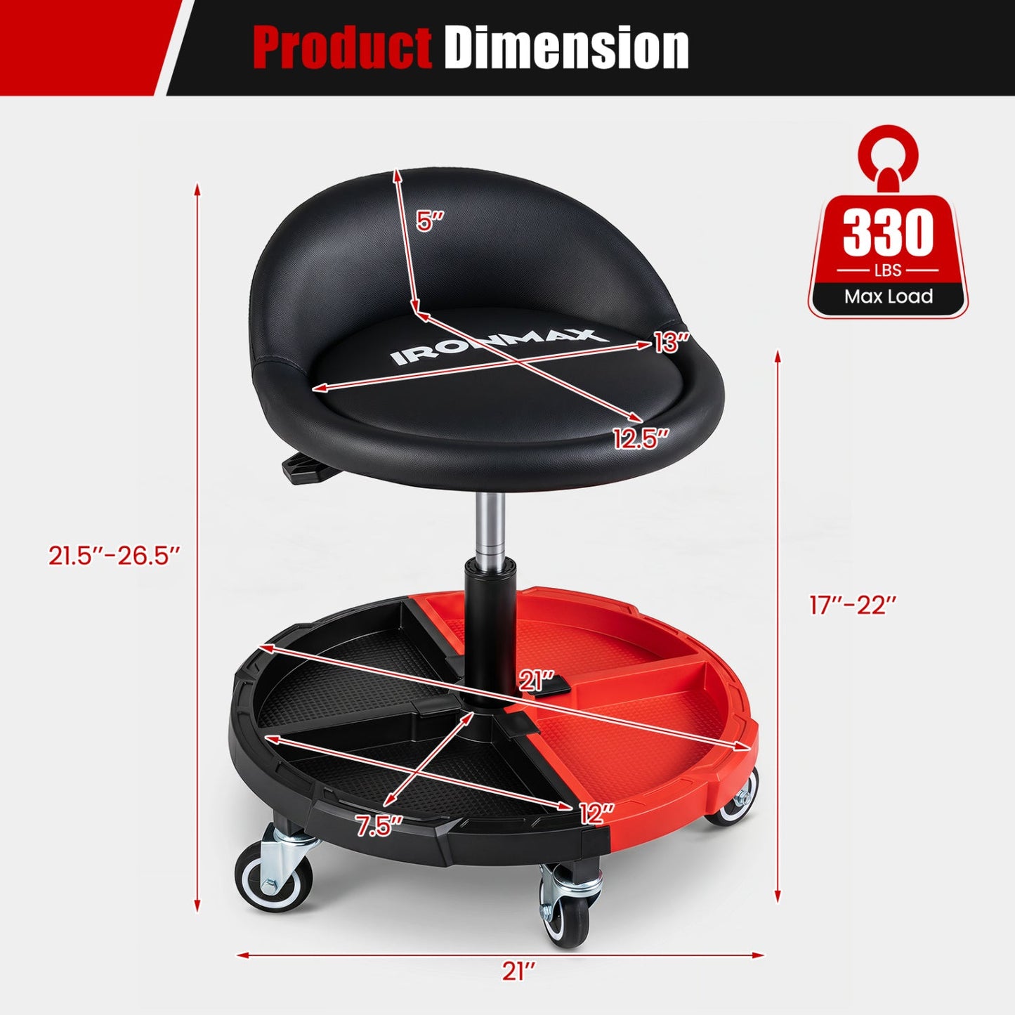 DirectDeals Rolling Mechanic Stool with Adjustable Height & Tool Tray, 21" base 330 lb on Tampa Home & Garden Store