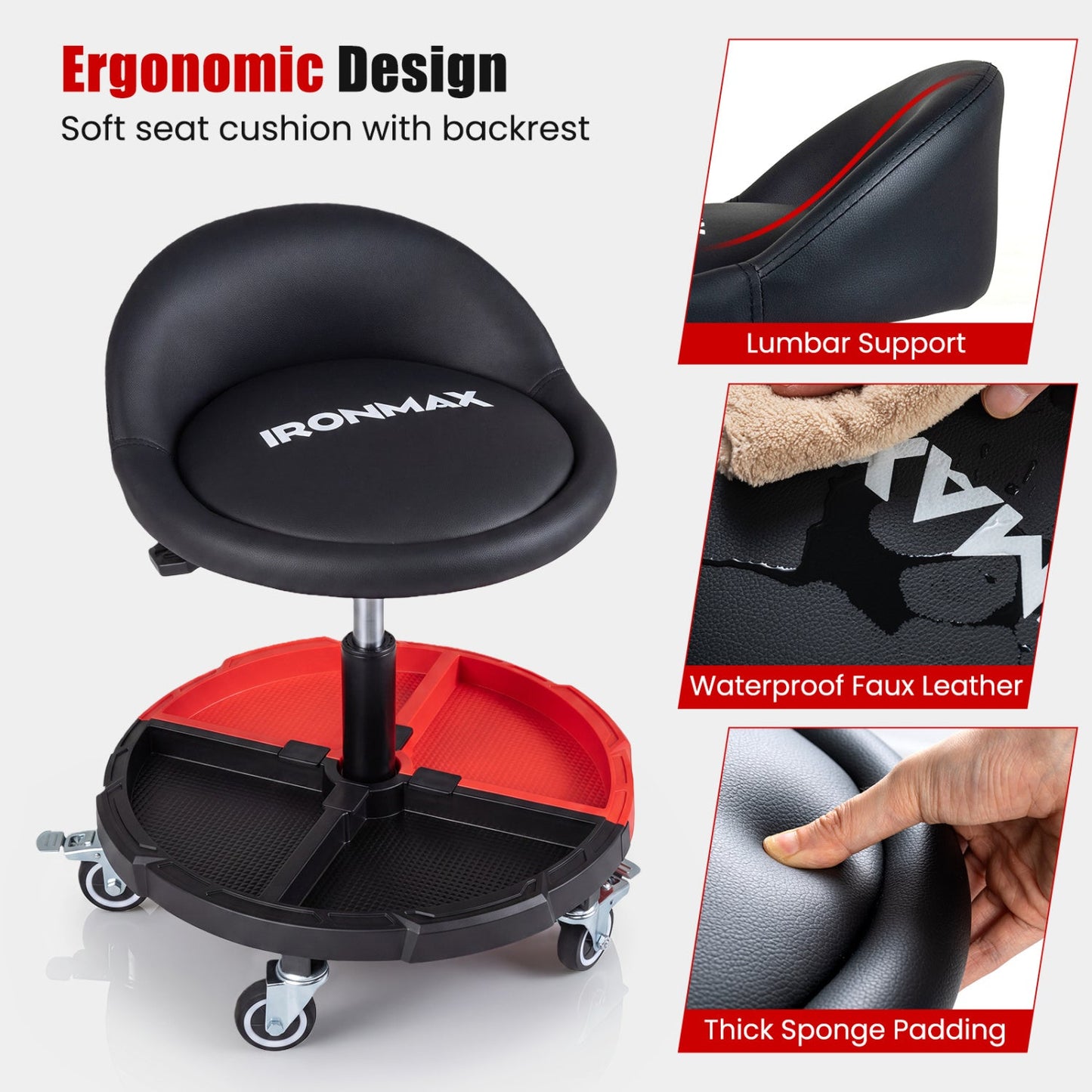 Rolling Mechanic Stool with adjustable height and tool tray, black padded seat with IronMAX logo on Tampa Home & Garden Store