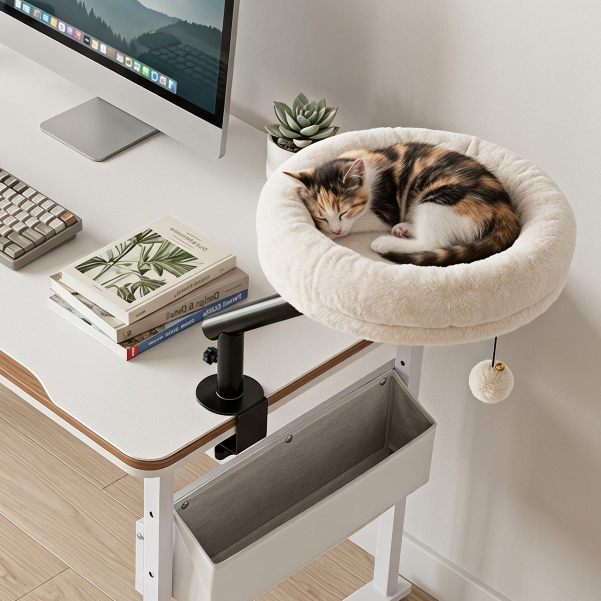 Cat Desk Bed with 360° Rotating Perch and Clamp Mount in plush beige on Tampa Home & Garden Store