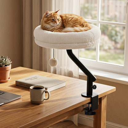 Cat Desk Bed with 360° rotating perch mounted on a black clamp arm; plush cream cushion DirectDeals on Tampa Home & Garden Store