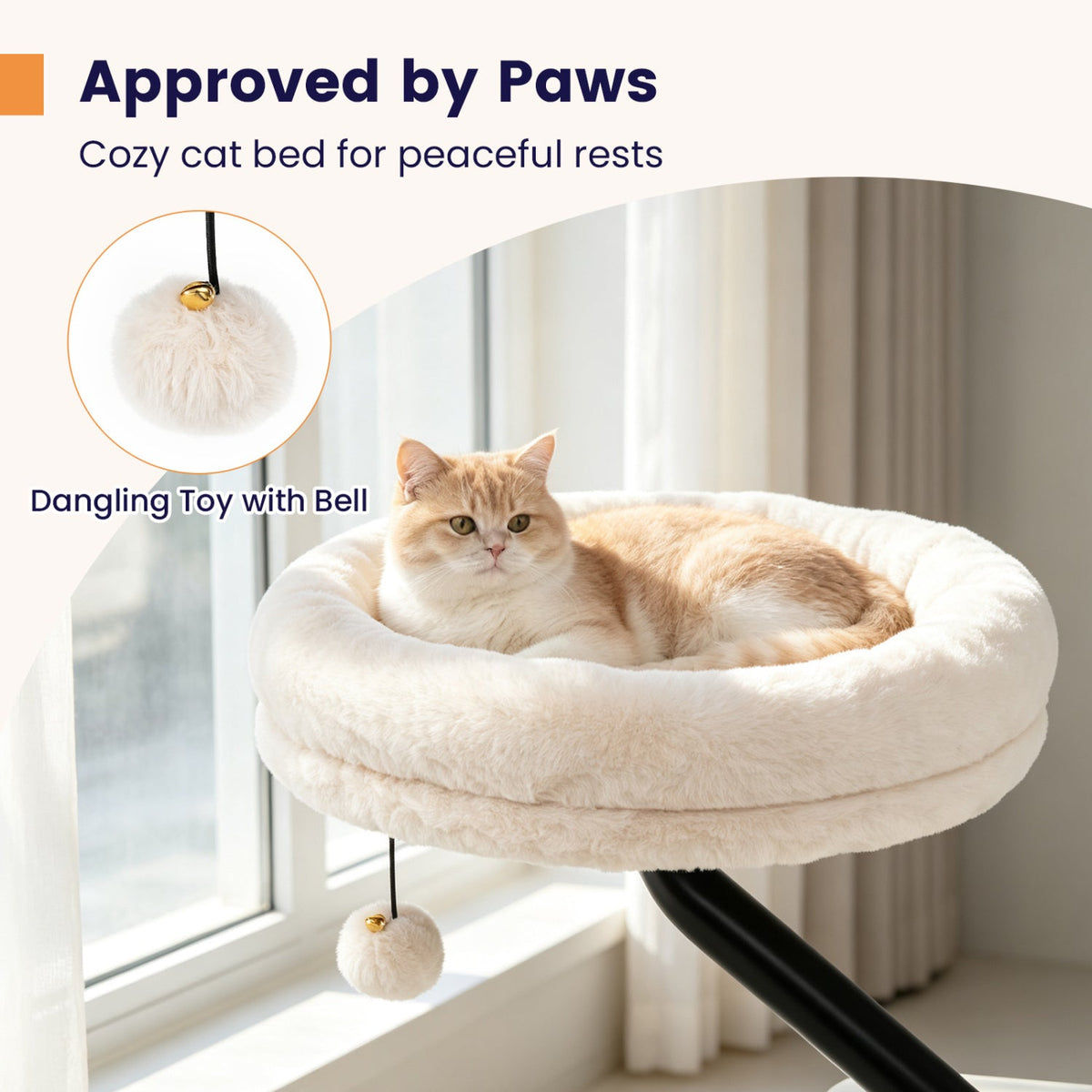 Cat Desk Bed with 360° rotating perch in cream plush, features a dangling pom pom toy on Tampa Home & Garden Store