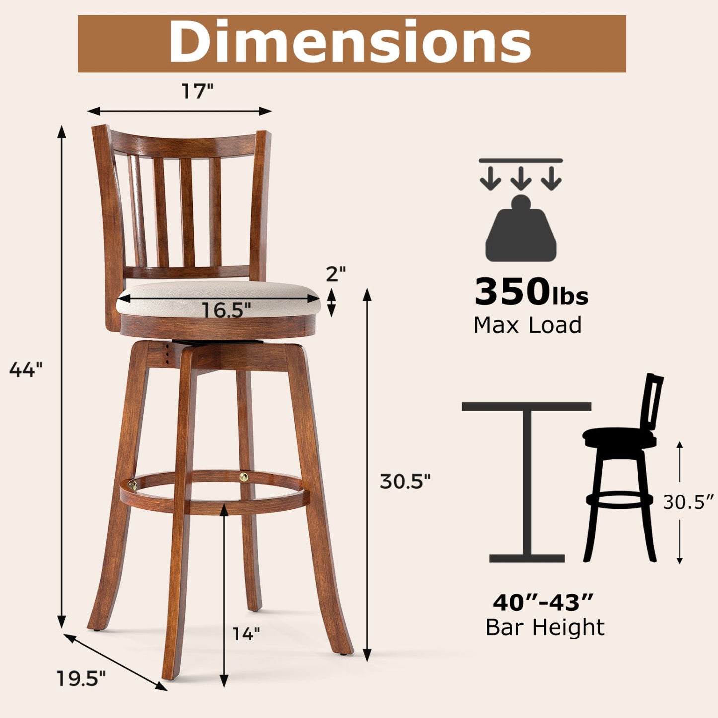 360¬∞ Rotating Counter Height Chairs Set of 4 with Backrest and Upholstered Seat - Tampa Home & Garden Store