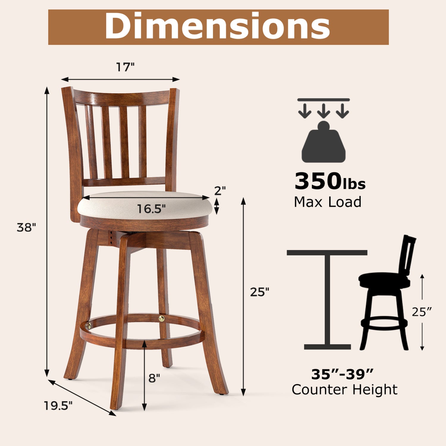 360¬∞ Rotating Counter Height Chairs Set of 4 with Backrest and Upholstered Seat - Tampa Home & Garden Store