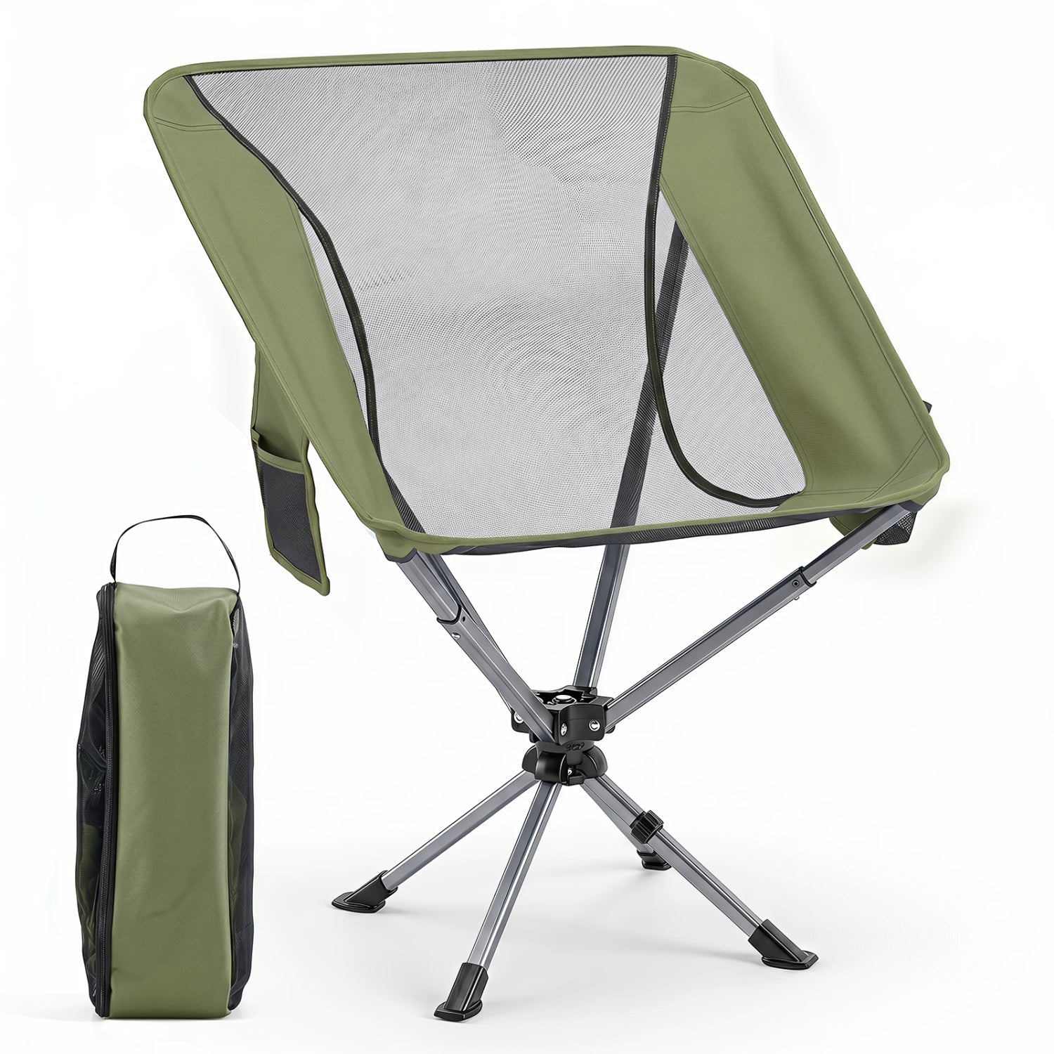 Camping Chair GemGear 360° Swivel with Cup Holder olive green, 330 lb capacity on Tampa Home & Garden Store