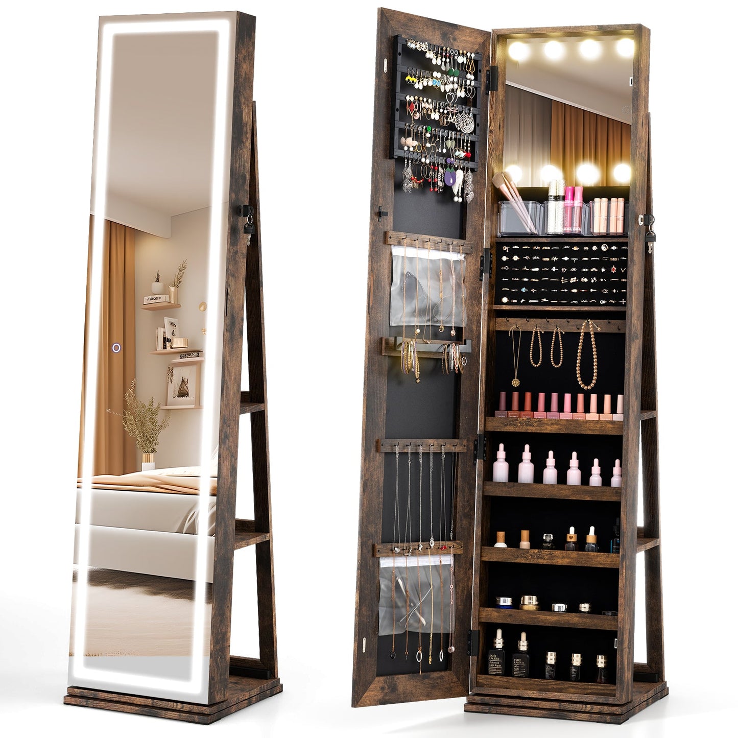 360° Swivel Freestanding Jewelry Cabinet with Lighted Full-Length Mirror, dark wood finish DirectDeals on Tampa Home & Garden Store