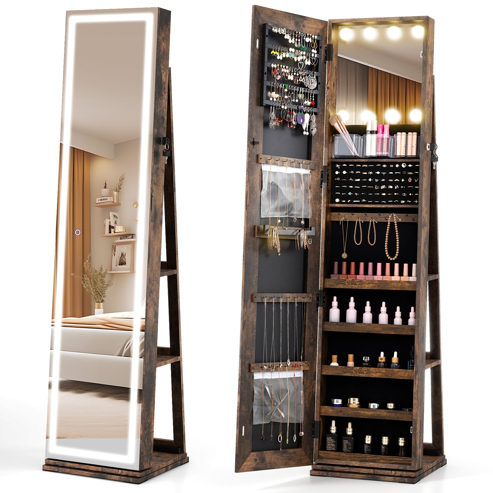360° Swivel Freestanding Jewelry Cabinet with Lighted Full-Length Mirror, dark wood finish DirectDeals on Tampa Home & Garden Store