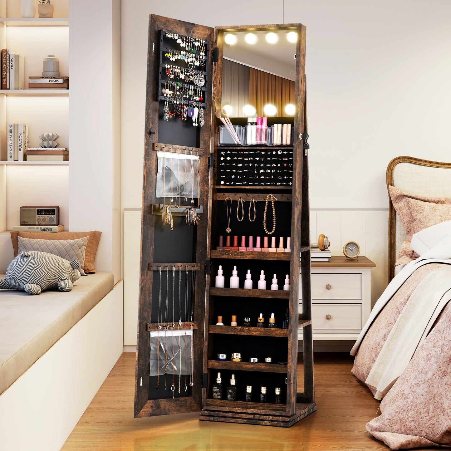 360° Swivel Freestanding Jewelry Cabinet with Lighted Full-Length Mirror in dark wood DirectDeals on Tampa Home & Garden Store
