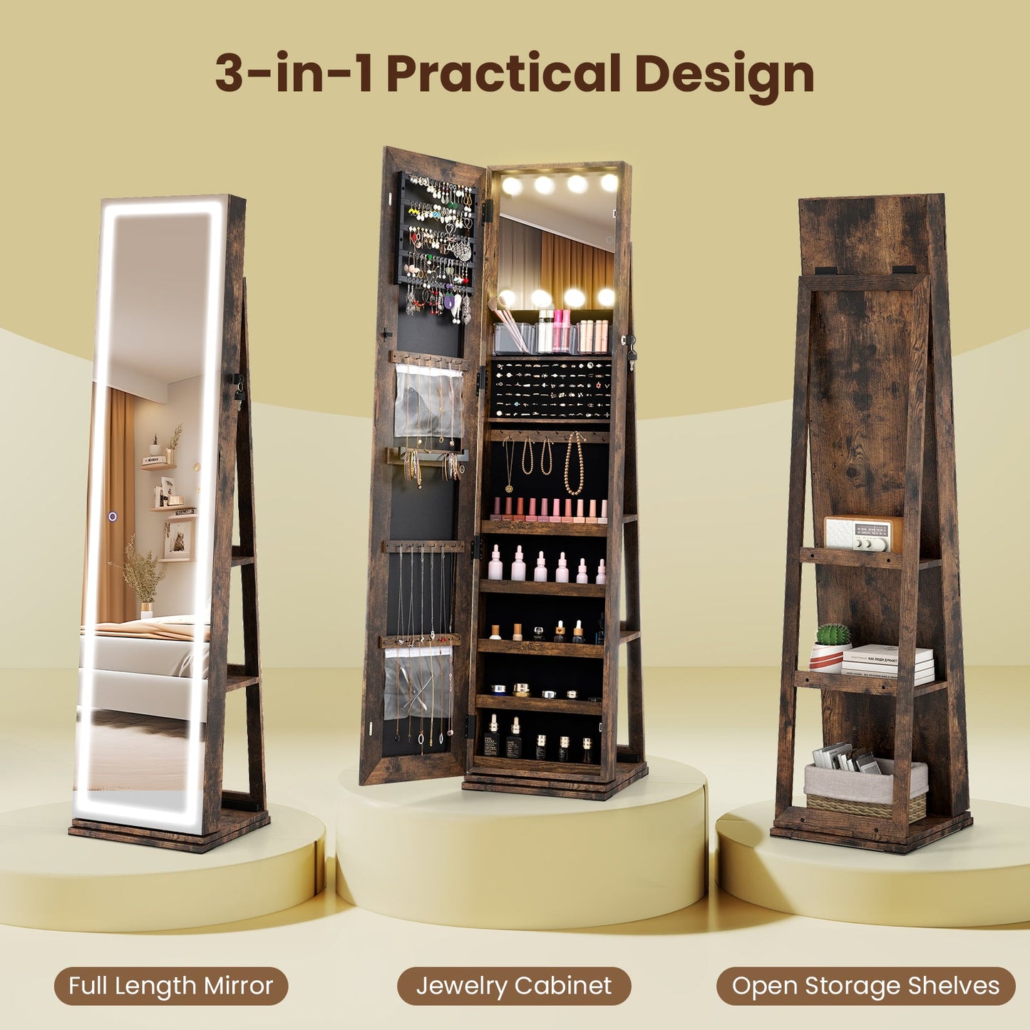 360° Swivel Freestanding Jewelry Cabinet with Lighted Full-Length Mirror, dark wood, DirectDeals on Tampa Home & Garden Store