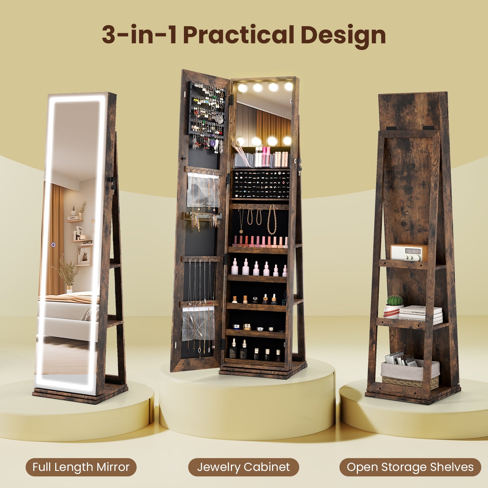 360° Swivel Freestanding Jewelry Cabinet with Lighted Full-Length Mirror, dark wood, DirectDeals on Tampa Home & Garden Store