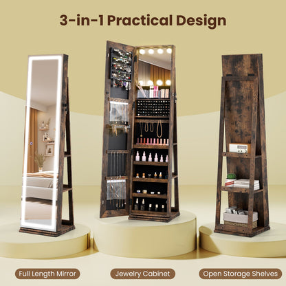 360° Swivel Freestanding Jewelry Cabinet with Lighted Full-Length Mirror, dark wood, DirectDeals on Tampa Home & Garden Store