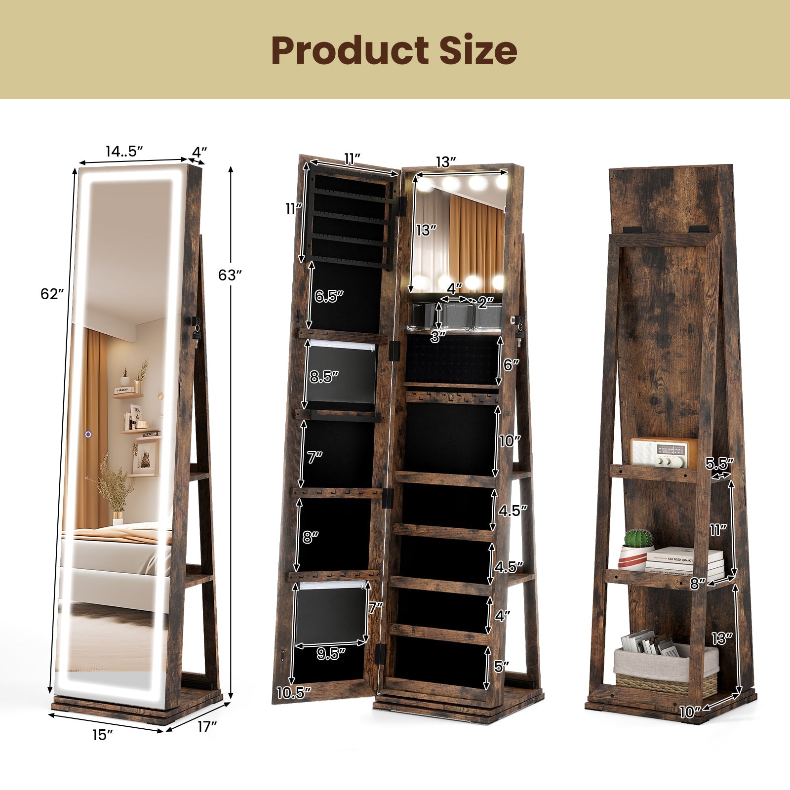 360° Swivel freestanding jewelry armoire with lit mirror in dark wood DirectDeals on Tampa Home & Garden Store