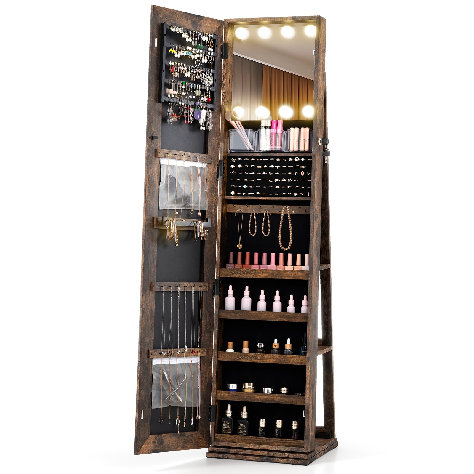 360° swivel jewelry cabinet with lighted mirror by DirectDeals, open showing jewelry on Tampa Home & Garden Store