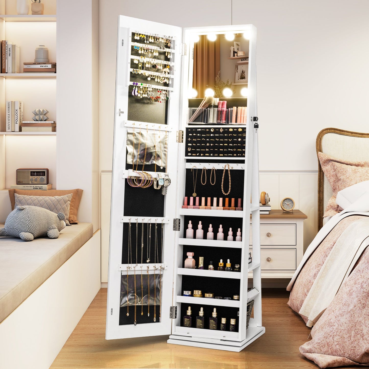 360° Swivel Jewelry Cabinet with Lighted Full-Length Mirror, white DirectDeals armoire on Tampa Home & Garden Store