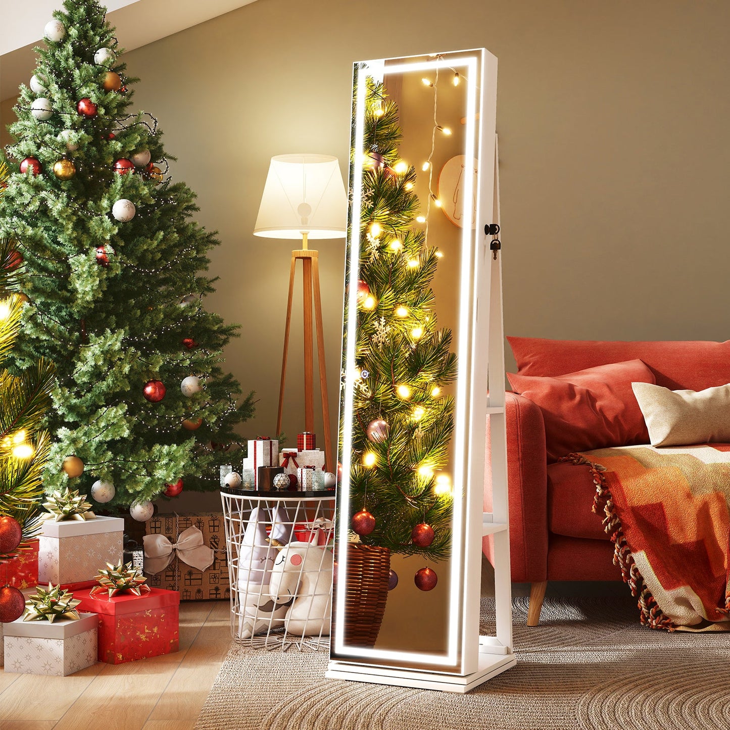 360-degree swivel freestanding jewelry cabinet with lighted full-length mirror, DirectDeals white on Tampa Home & Garden Store