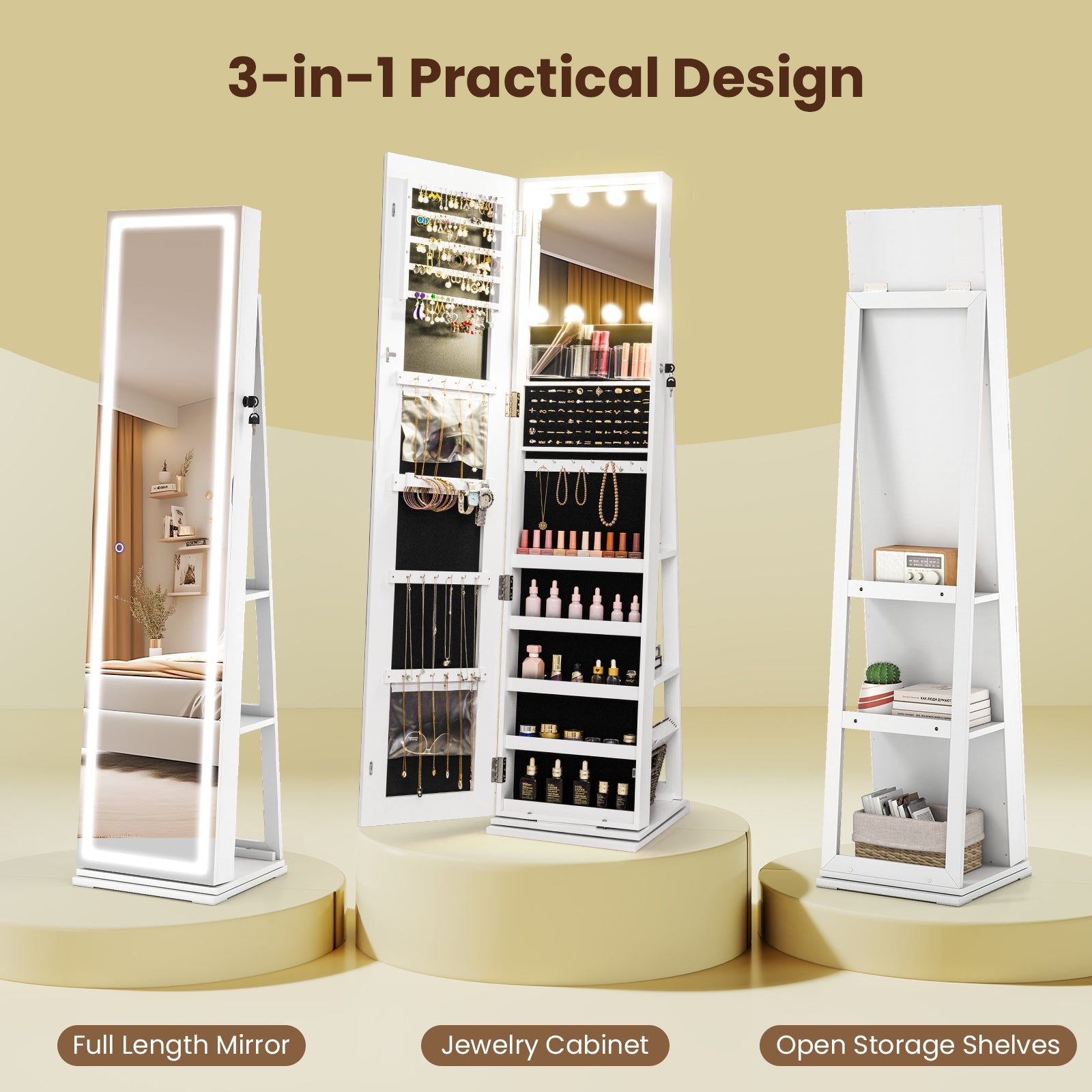 360 swivel freestanding jewelry cabinet with lighted mirror by DirectDeals, with jewelry on Tampa Home & Garden Store