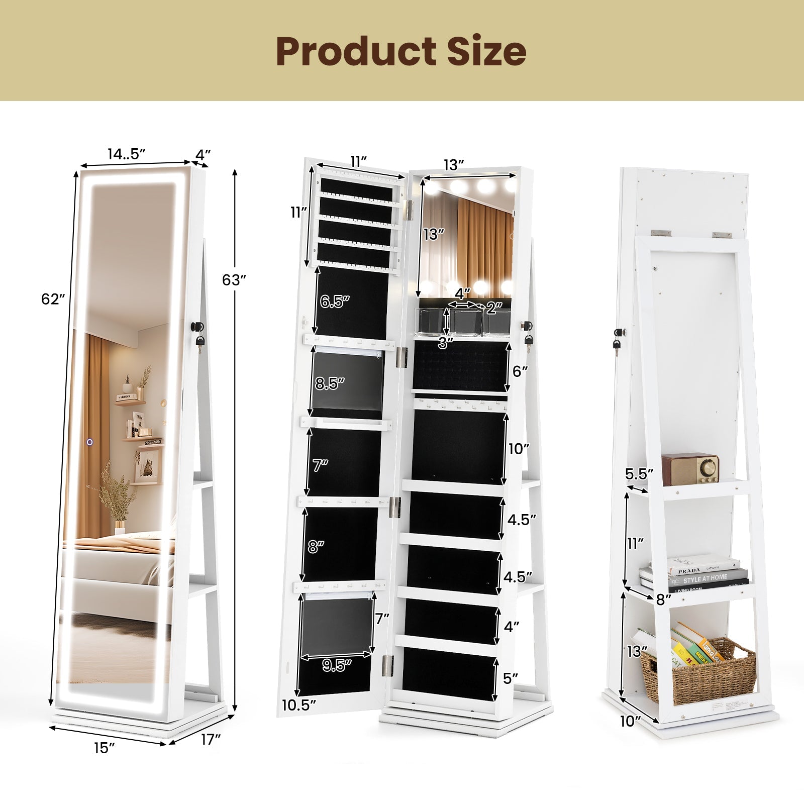 360° Swivel Freestanding Jewelry Cabinet with Lighted Full-Length Mirror by DirectDeals, white finish on Tampa Home & Garden Store