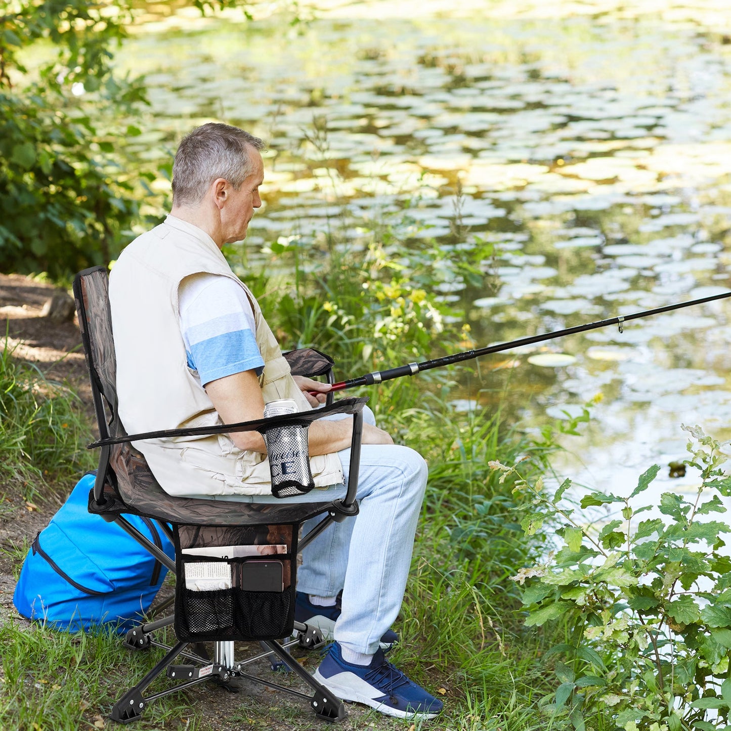 GemGear 360° Swivel Hunting Chair portable foldable camo with mesh pocket by lake on Tampa Home & Garden Store