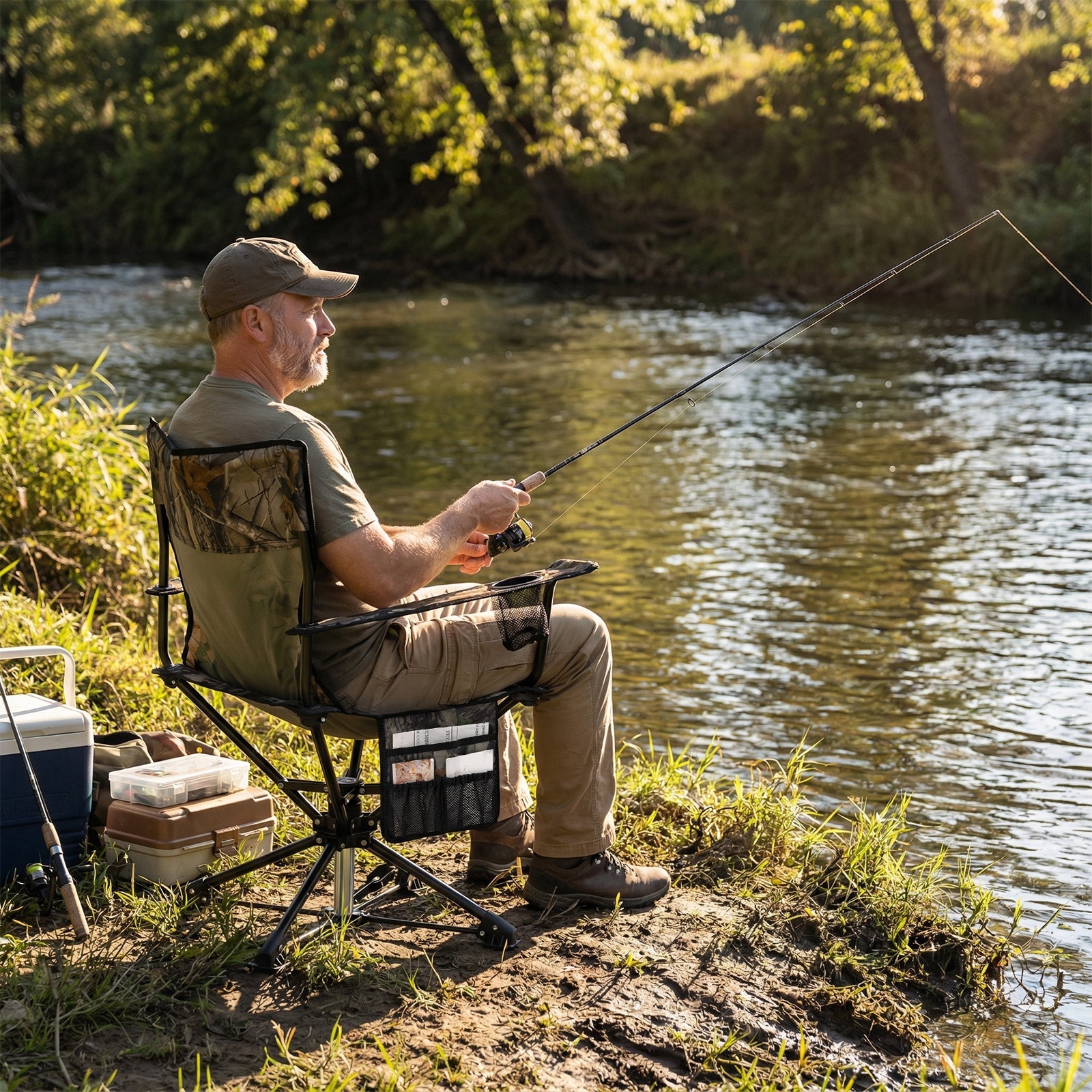 GemGear 360° Swivel Hunting Chair portable foldable with camo fabric, man fishing by river on Tampa Home & Garden Store