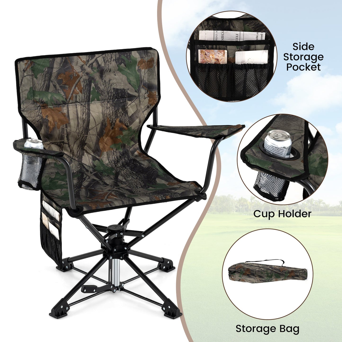 GemGear camouflage 360° swivel hunting chair, portable foldable with cup holder on Tampa Home & Garden Store