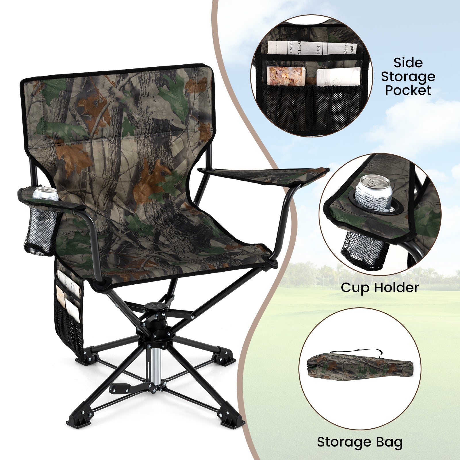 GemGear camouflage 360° swivel hunting chair, portable foldable with cup holder on Tampa Home & Garden Store