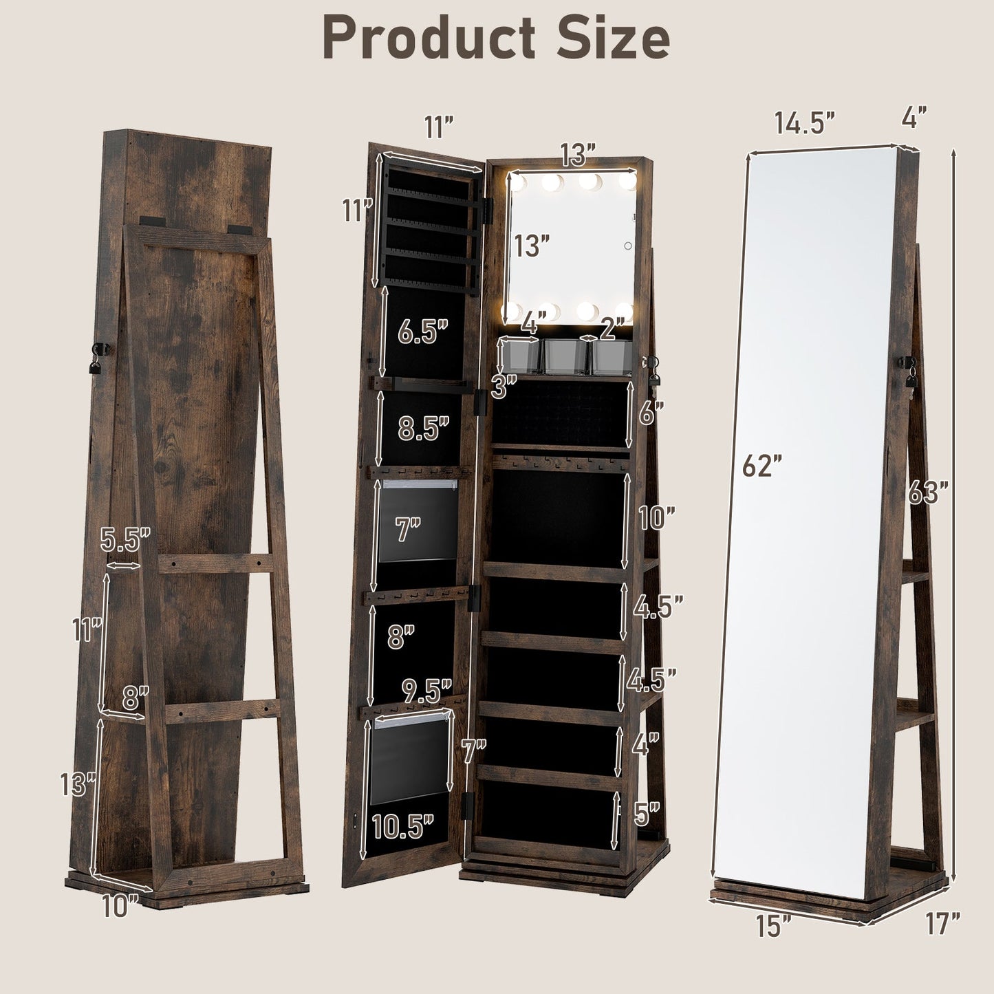 360¬∞ Swivel Jewelry Cabinet with Full Length Mirror