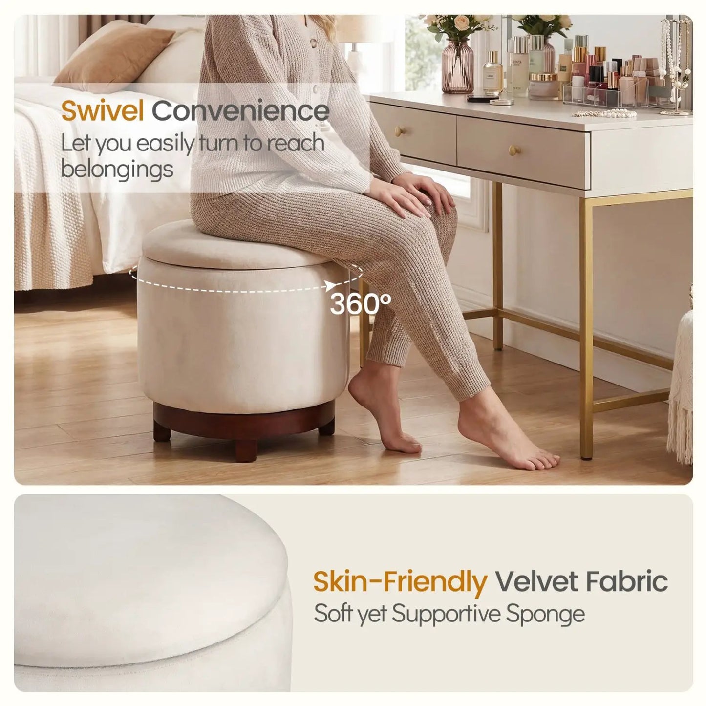 360 Degree Swivel Velvet Foot Rest with Storage