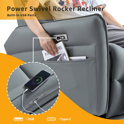 Power Swivel Rocker Recliner Chair for Adults in gray leather with USB ports on Tampa Home & Garden Store