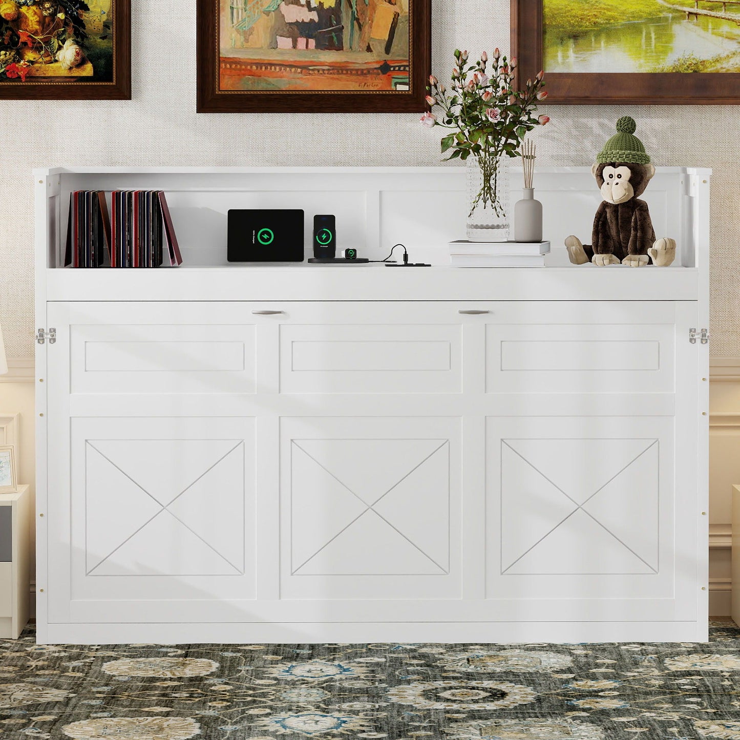Murphy storage cabinet with desk, white finish, USB charging hub, records, plush monkey on Tampa Home & Garden Store