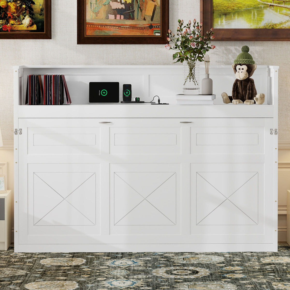 Murphy storage cabinet with desk, white finish, USB charging hub, records, plush monkey on Tampa Home & Garden Store