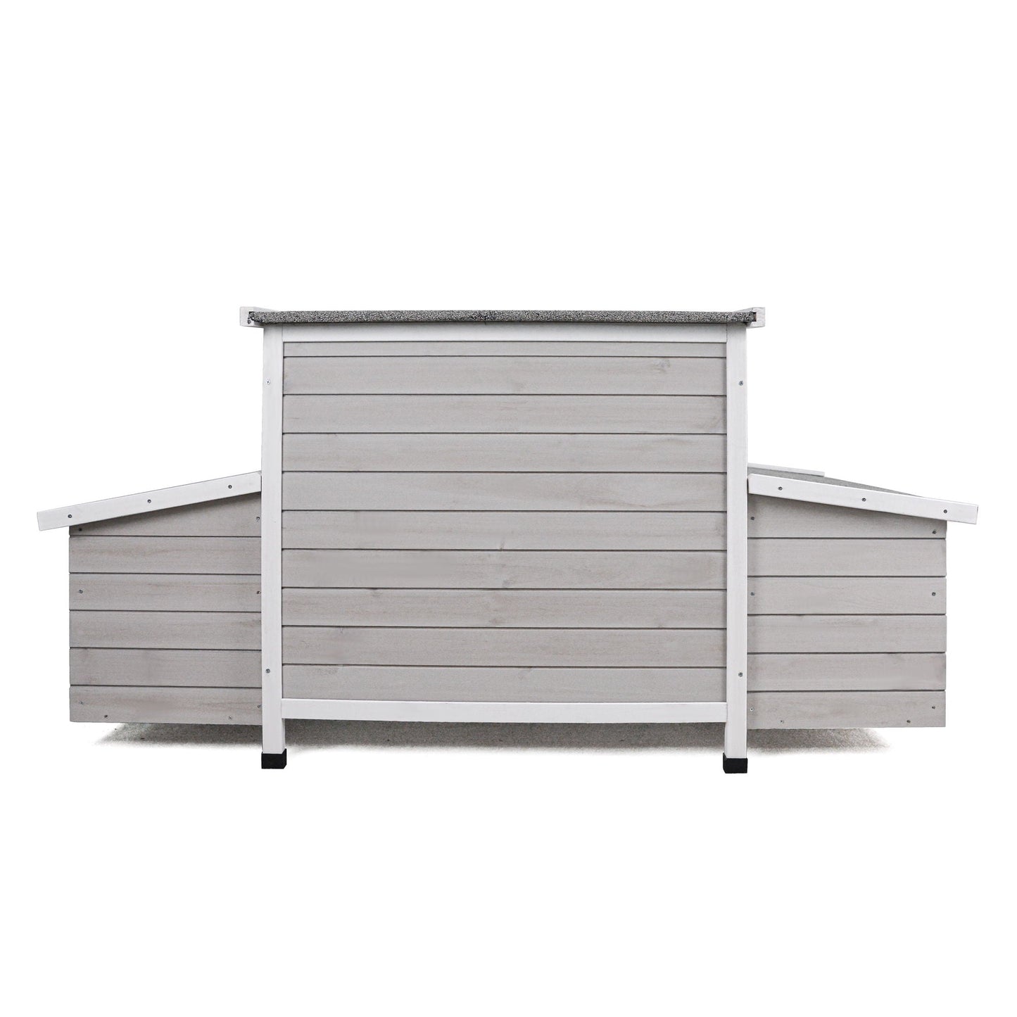 Chicken coop outdoor hen house with dual nesting boxes, gray wood with white trim on Tampa Home & Garden Store