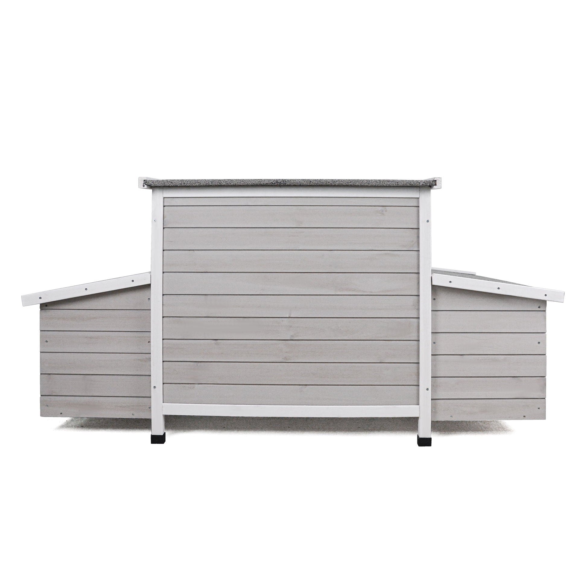 Chicken coop outdoor hen house with dual nesting boxes, gray wood with white trim on Tampa Home & Garden Store