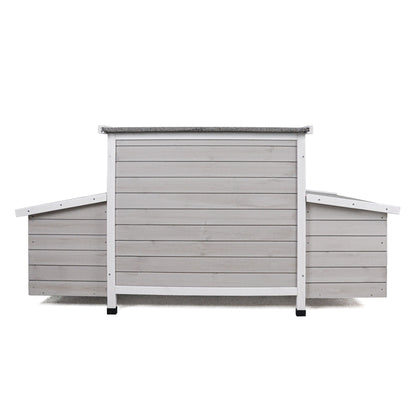 Chicken coop outdoor hen house with dual nesting boxes, gray wood with white trim on Tampa Home & Garden Store
